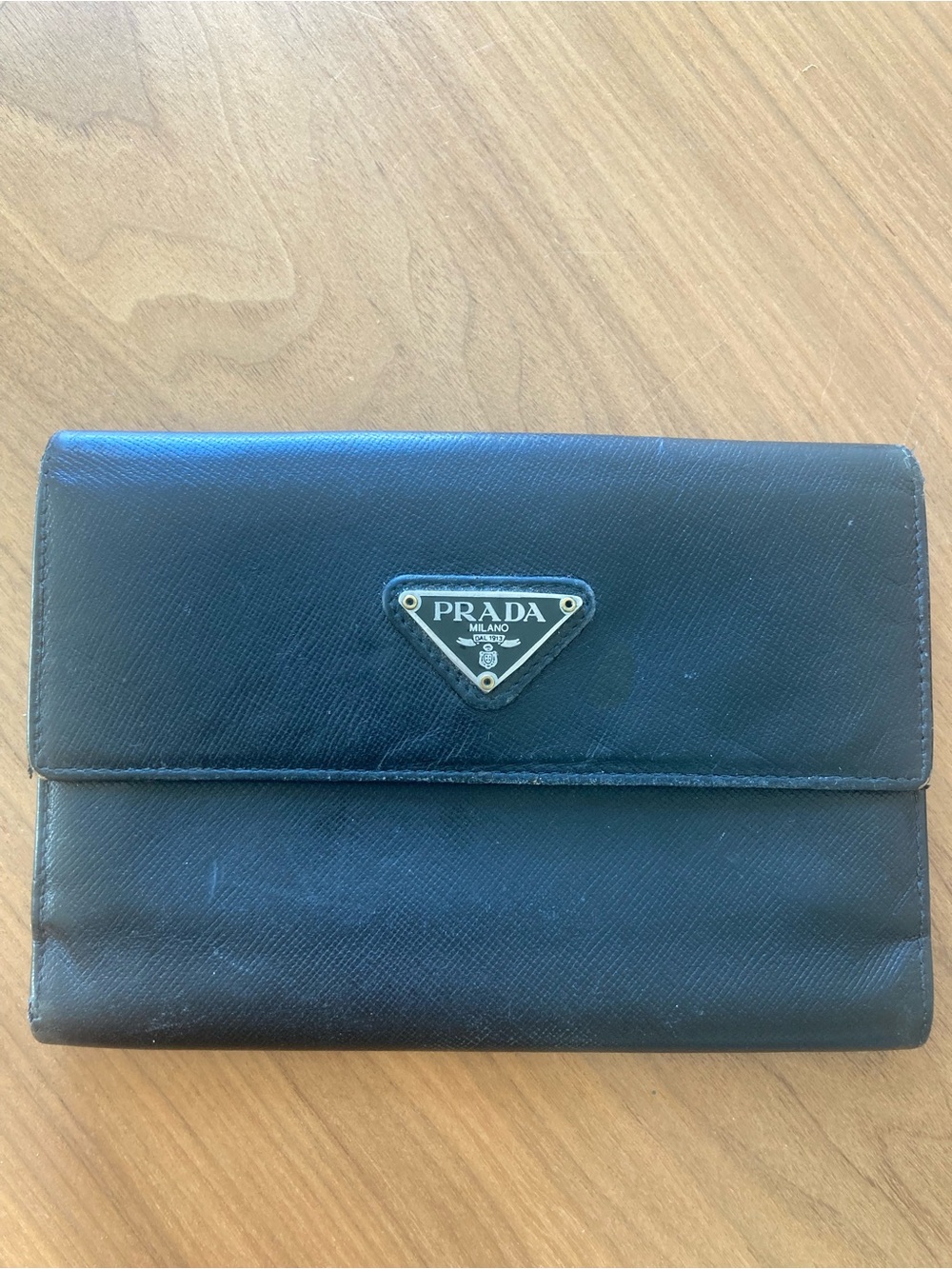 Prada Black Saffiano Leather Fold Wallet with Logo Plaque